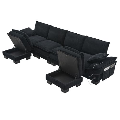 Canapé Modulaire 4 Places Avec USB-c, 2 Poufs, Poches Latérales, Velours Côtelé,moderne,noir