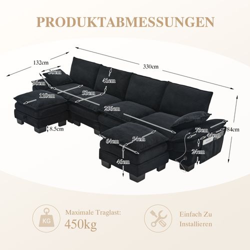 Canapé Modulaire 4 Places Avec USB-c, 2 Poufs, Poches Latérales, Velours Côtelé,moderne,noir