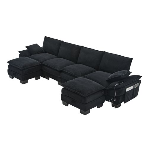 Canapé Modulaire 4 Places Avec USB-c, 2 Poufs, Poches Latérales, Velours Côtelé,moderne,noir