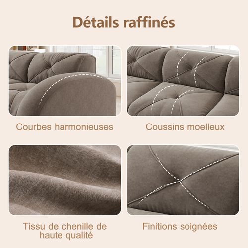 Canapé Compressé - Canapé Modulaire - 3 Places - Tissu Chenille Antidérapant - Confortable - Marron