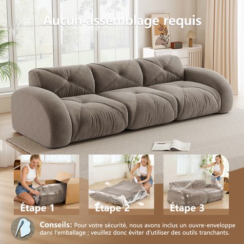 Canapé Compressé - Canapé Modulaire - 3 Places - Tissu Chenille Antidérapant - Confortable - Marron