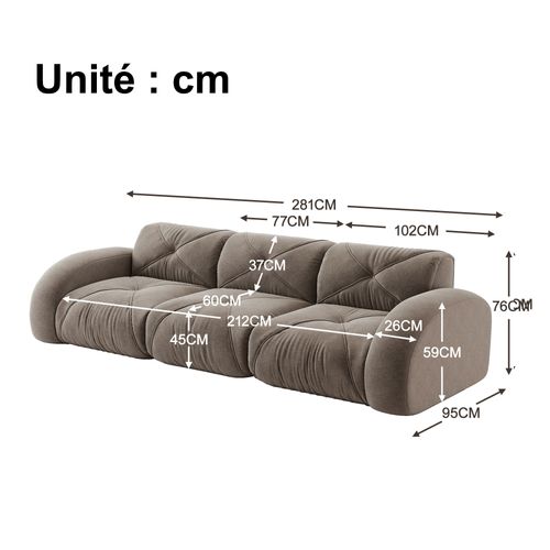 Canapé Compressé - Canapé Modulaire - 3 Places - Tissu Chenille Antidérapant - Confortable - Marron