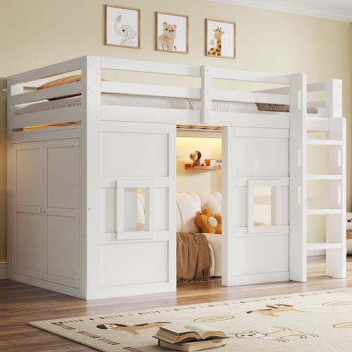 Lit Mezzanine Enfant 90x200 Avec Armoire Intégrée, 2 Fenêtres Et LED, Blanc