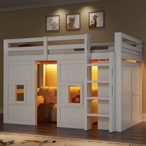 Lit Mezzanine Enfant 90x200 Avec Armoire Intégrée, 2 Fenêtres Et LED, Blanc