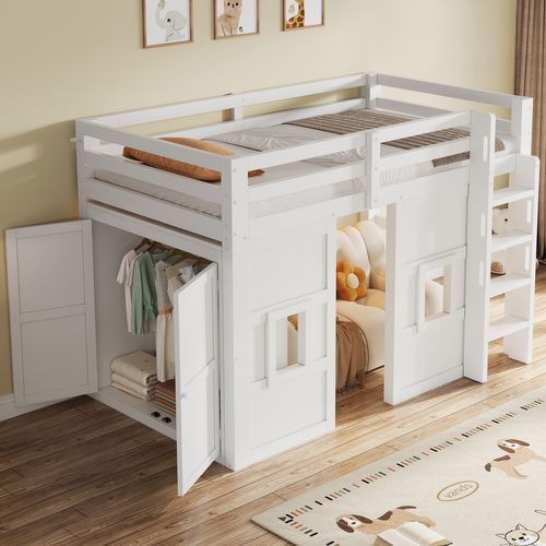 Lit Mezzanine Enfant 90x200 Avec Armoire Intégrée, 2 Fenêtres Et LED, Blanc