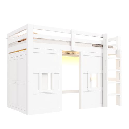 Lit Mezzanine Enfant 90x200 Avec Armoire Intégrée, 2 Fenêtres Et LED, Blanc