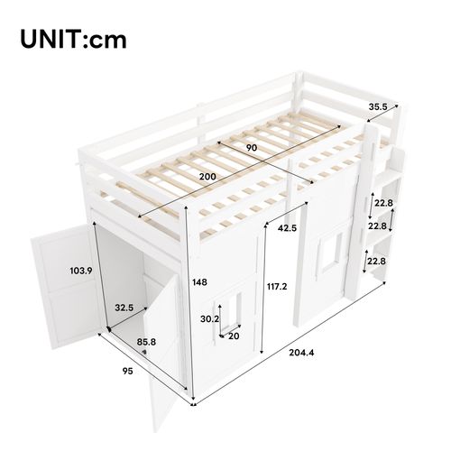 Lit Mezzanine Enfant 90x200 Avec Armoire Intégrée, 2 Fenêtres Et LED, Blanc