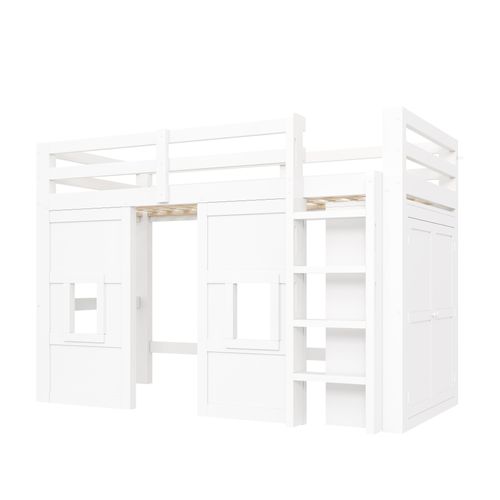 Lit Mezzanine Enfant 90x200 Avec Armoire Intégrée, 2 Fenêtres Et LED, Blanc