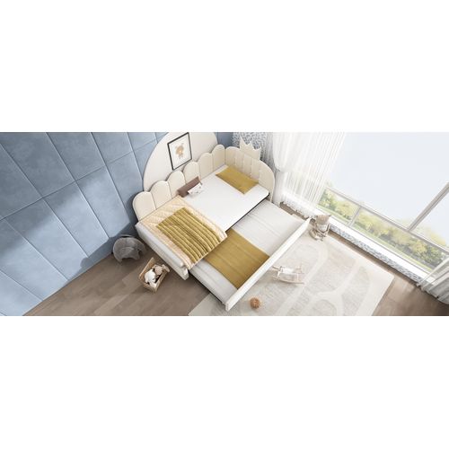 Lit Gigogne 90x200 Cm Et 90x190 Cm, Lit Double, Forme L, Velours, Tête Couronne, Beige