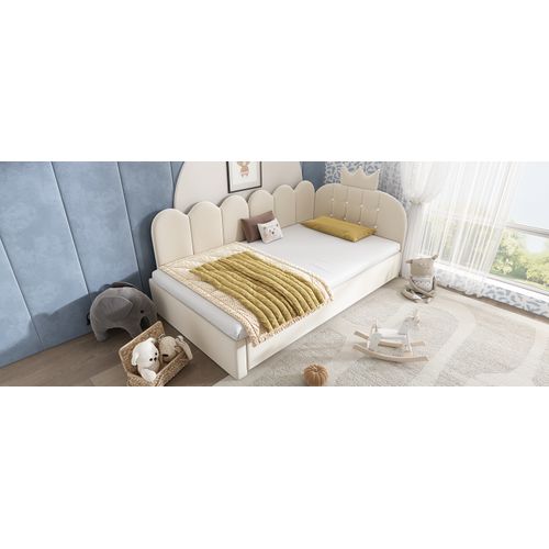 Lit Gigogne 90x200 Cm Et 90x190 Cm, Lit Double, Forme L, Velours, Tête Couronne, Beige