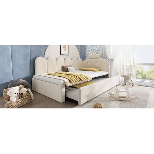 Lit Gigogne 90x200 Cm Et 90x190 Cm, Lit Double, Forme L, Velours, Tête Couronne, Beige