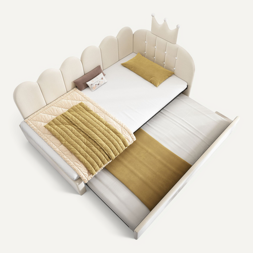 Lit Gigogne 90x200 Cm Et 90x190 Cm, Lit Double, Forme L, Velours, Tête Couronne, Beige