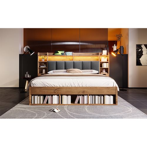 Lit Combiné 180 X 200 Cm, Lit Double,led,usb, Type-c,rangements,tiroirs,stable,naturel