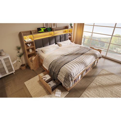 Lit Combiné 180 X 200 Cm, Lit Double,led,usb, Type-c,rangements,tiroirs,stable,naturel