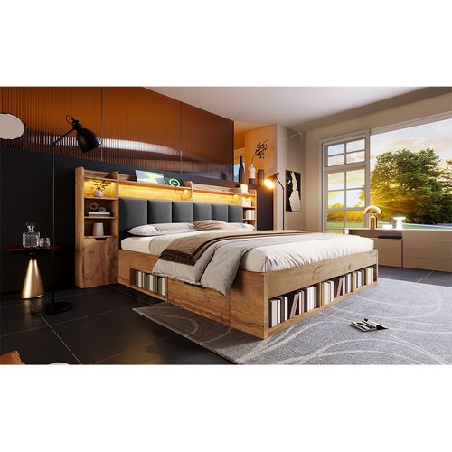 Lit Combiné 180 X 200 Cm, Lit Double,led,usb, Type-c,rangements,tiroirs,stable,naturel