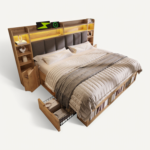 Lit Combiné 180 X 200 Cm, Lit Double,led,usb, Type-c,rangements,tiroirs,stable,naturel