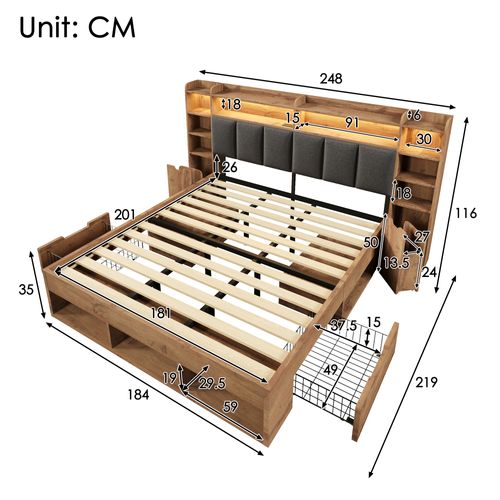 Lit Combiné 180 X 200 Cm, Lit Double,led,usb, Type-c,rangements,tiroirs,stable,naturel