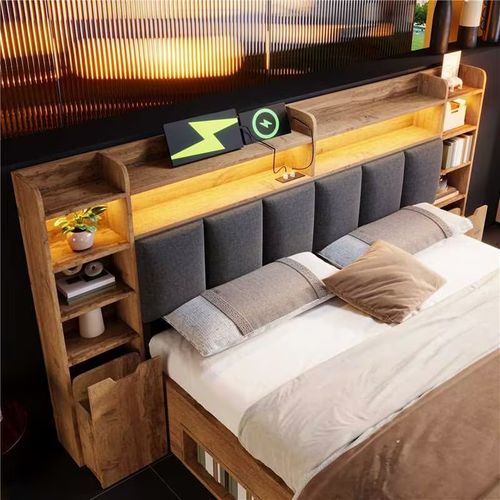 Lit Combiné 180 X 200 Cm, Lit Double,led,usb, Type-c,rangements,tiroirs,stable,naturel