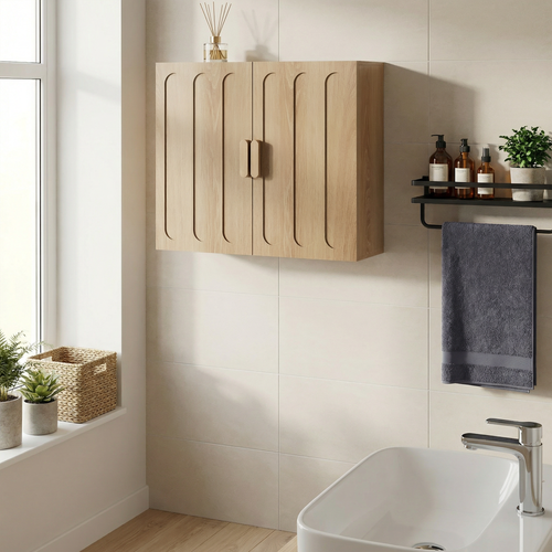 Armoire Murale Salle De Bain, 2 Portes, étagères Réglables, Design Moderne, Chêne