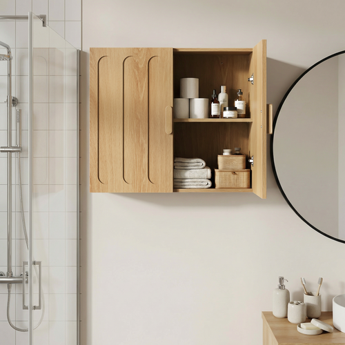 Armoire Murale Salle De Bain, 2 Portes, étagères Réglables, Design Moderne, Chêne