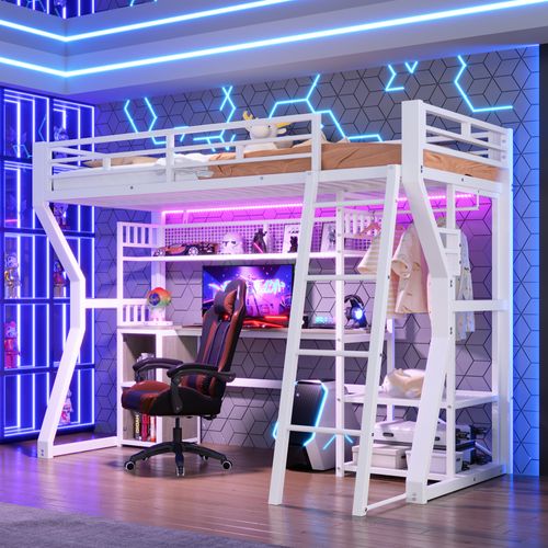 Lit Mezzanine 90x200,lit Simple Avec Bureau, Prise, Penderie Et Rangements, Blanc