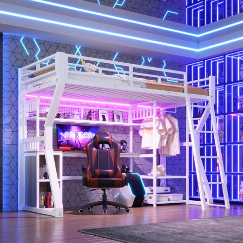 Lit Mezzanine 90x200,lit Simple Avec Bureau, Prise, Penderie Et Rangements, Blanc