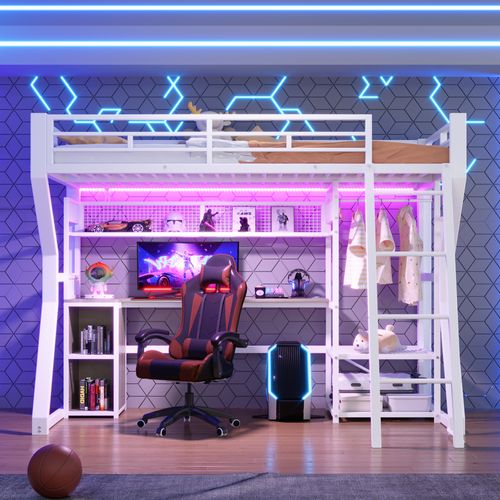 Lit Mezzanine 90x200,lit Simple Avec Bureau, Prise, Penderie Et Rangements, Blanc