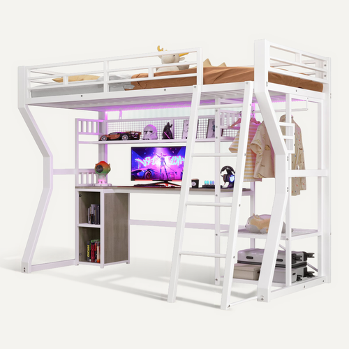 Lit Mezzanine 90x200,lit Simple Avec Bureau, Prise, Penderie Et Rangements, Blanc