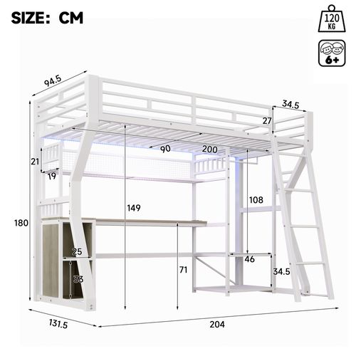 Lit Mezzanine 90x200,lit Simple Avec Bureau, Prise, Penderie Et Rangements, Blanc