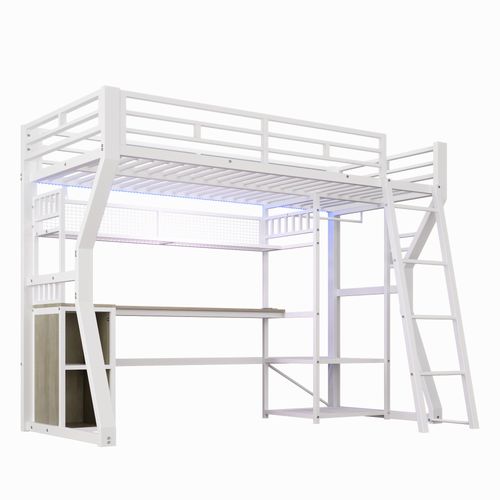 Lit Mezzanine 90x200,lit Simple Avec Bureau, Prise, Penderie Et Rangements, Blanc