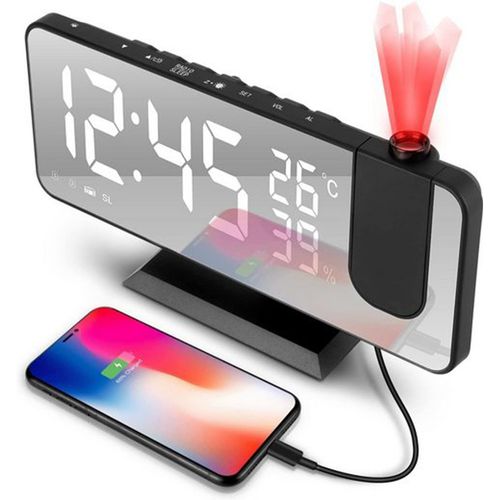 Réveil Numérique - Réveil Projecteur LED Avec Double Alarme Et Écran Rotatif 180° - USB - Abs Noir