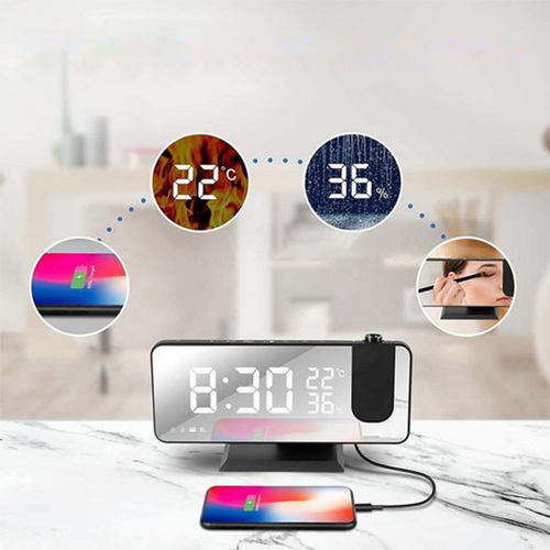 Réveil Numérique - Réveil Projecteur LED Avec Double Alarme Et Écran Rotatif 180° - USB - Abs Noir