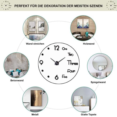 Horloge Murale 3d Moderne - Silencieuse -autocollante Décorative -maison, Bureau Ou Restaurant -noir