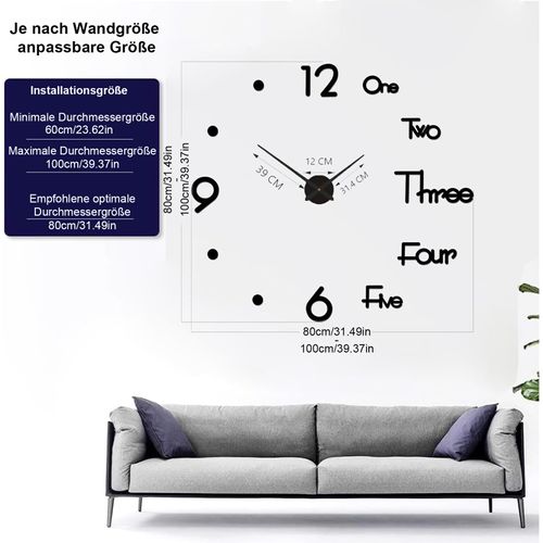 Horloge Murale 3d Moderne - Silencieuse -autocollante Décorative -maison, Bureau Ou Restaurant -noir