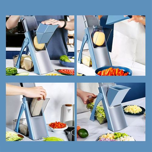 Coupe Légumes Multifonction Avec Récipient, Lames Interchangeables, Coupe Fruits Et Légumes, Bleu
