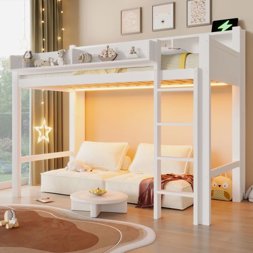 Lit Mezzanine 90 X 200 Cm, Lit Simple Avec LED, USB Et 3 Rangements, Structure Stable, Blanc