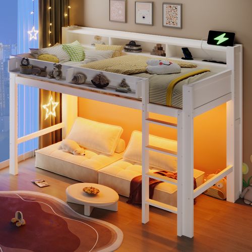 Lit Mezzanine 90 X 200 Cm, Lit Simple Avec LED, USB Et 3 Rangements, Structure Stable, Blanc