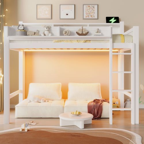 Lit Mezzanine 90 X 200 Cm, Lit Simple Avec LED, USB Et 3 Rangements, Structure Stable, Blanc