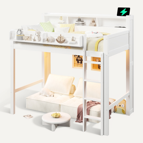 Lit Mezzanine 90 X 200 Cm, Lit Simple Avec LED, USB Et 3 Rangements, Structure Stable, Blanc