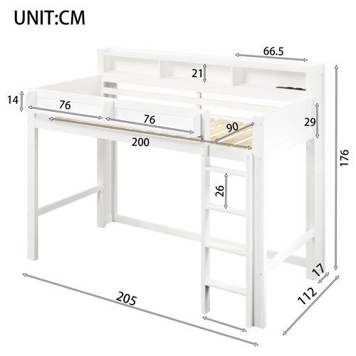 Lit Mezzanine 90 X 200 Cm, Lit Simple Avec LED, USB Et 3 Rangements, Structure Stable, Blanc