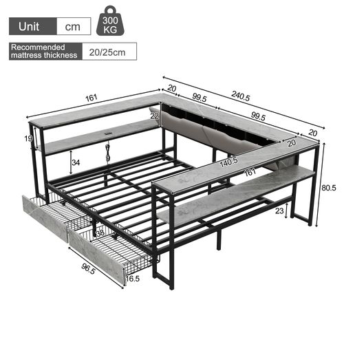 Lit Banquette 140x200 Cm, Lit Adulte Double, USB, Type-c, 2 Tiroirs, 6 Rangements, Gris
