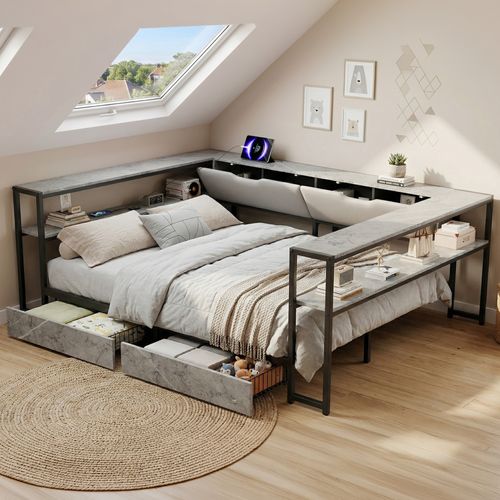 Lit Banquette 140x200 Cm, Lit Adulte Double, USB, Type-c, 2 Tiroirs, 6 Rangements, Gris