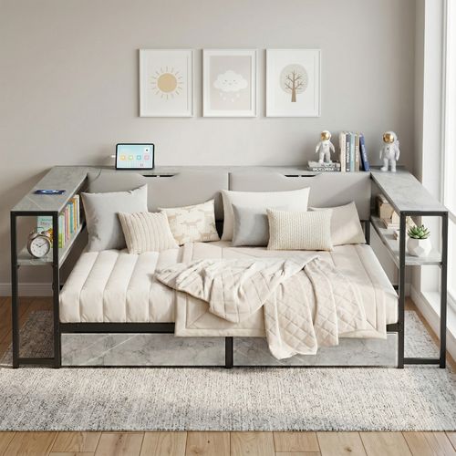 Lit Banquette 140x200 Cm, Lit Adulte Double, USB, Type-c, 2 Tiroirs, 6 Rangements, Gris