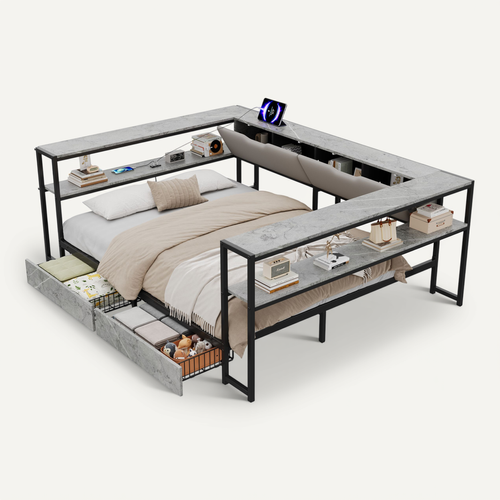 Lit Banquette 140x200 Cm, Lit Adulte Double, USB, Type-c, 2 Tiroirs, 6 Rangements, Gris