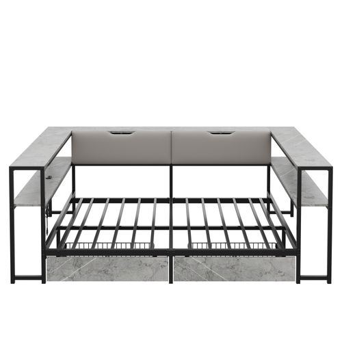 Lit Banquette 140x200 Cm, Lit Adulte Double, USB, Type-c, 2 Tiroirs, 6 Rangements, Gris