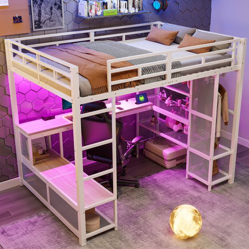 Lit Mezzanine 140×200 Cm, Lit 2 Places, Bureau, LED Via Bluetooth, 16 Couleurs Et Rangements