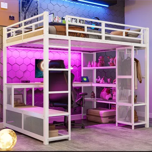 Lit Mezzanine 140×200 Cm, Lit 2 Places, Bureau, LED Via Bluetooth, 16 Couleurs Et Rangements