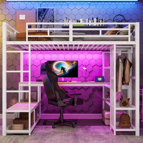Lit Mezzanine 140×200 Cm, Lit 2 Places, Bureau, LED Via Bluetooth, 16 Couleurs Et Rangements