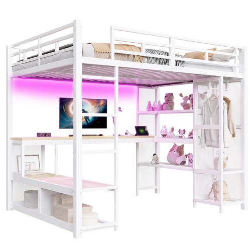 Lit Mezzanine 140×200 Cm, Lit 2 Places, Bureau, LED Via Bluetooth, 16 Couleurs Et Rangements