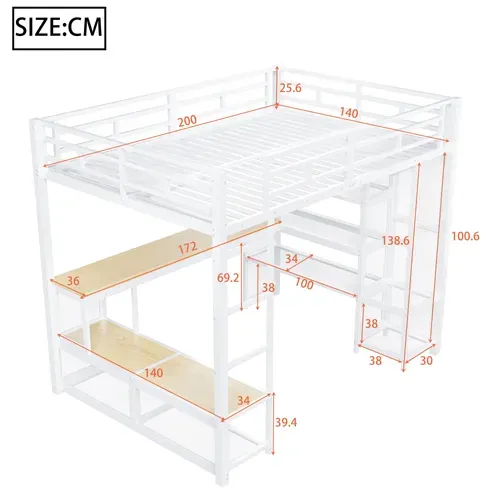 Lit Mezzanine 140×200 Cm, Lit 2 Places, Bureau, LED Via Bluetooth, 16 Couleurs Et Rangements